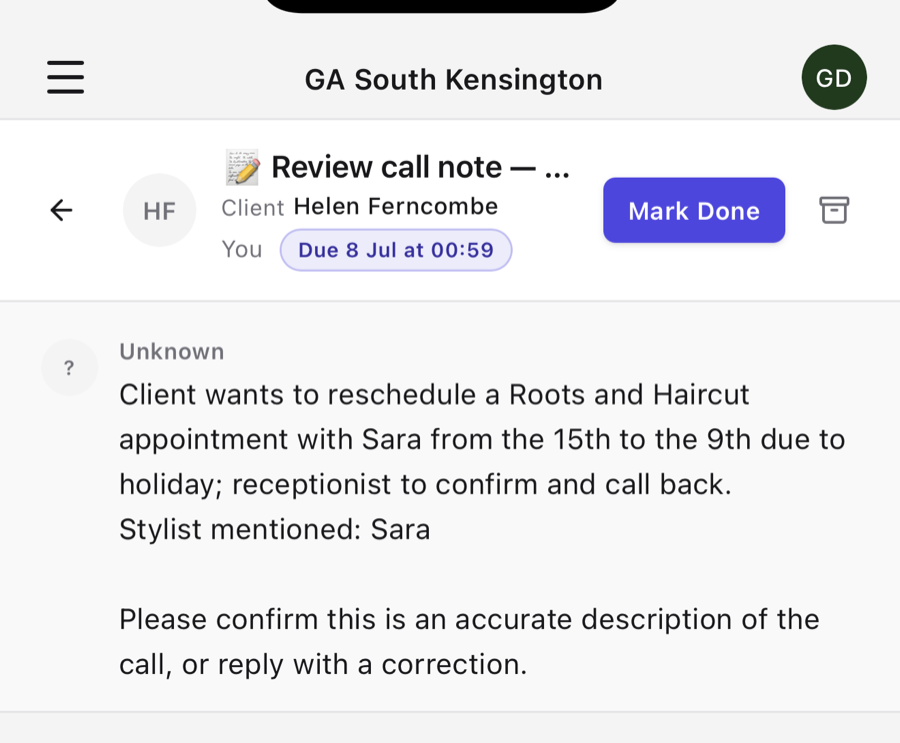 Daviana appointment created from a call